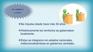EN AMÉRICA
LATINA
Se impulsa desde hace más 30 años.
Históricamente los territorios se gobernaban
localmente.
Estos se integraron en estados nacionales,
institucionalizándose en gobiernos centrales.
 