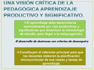 El aprendizaje debe desarrollarse
esencialmente por vías productivas y
significativas que dinamicen la metodología
de estudio, para llegar a la metacognición.
Constituyen el referente principal para que
los docentes elaboren la planificación
microcurricular de sus clases y tareas de
aprendizaje.
El desarrollo de destrezas con criterios de desempeño
 