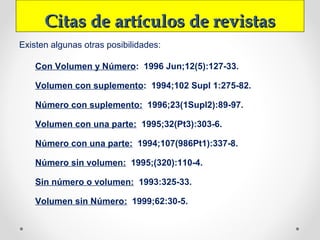 Citas de artículos de revistasCitas de artículos de revistas
Existen algunas otras posibilidades:
Con Volumen y Número: 1996 Jun;12(5):127-33.
Volumen con suplemento: 1994;102 Supl 1:275-82.
Número con suplemento: 1996;23(1Supl2):89-97.
Volumen con una parte: 1995;32(Pt3):303-6.
Número con una parte: 1994;107(986Pt1):337-8.
Número sin volumen: 1995;(320):110-4.
Sin número o volumen: 1993:325-33.
Volumen sin Número: 1999;62:30-5.
 