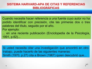 107
SISTEMA HARVARD-APA DE CITAS Y REFERENCIAS
BIBLIOGRÁFICAS
Cuando necesite hacer referencia a una fuente cuyo autor no ha
podido identificar con precisión, cite las primeras dos o tres
palabras del título, seguido por el año.
Por ejemplo:
... en una reciente publicación (Enciclopedia de la Psicología,
1991, p.62)...
Si usted necesita citar una investigación que encontró en otro
trabajo, puede hacerlo de las siguientes maneras:
Smith (1970, p.27) cita a Brown (1967) quien descubrió que...
 
