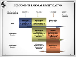 Año Académico/
Unidad Docente
SEGUNDO TERCERO CUARTO QUINTO
(Tesis de
Diploma)
CAP
Empresas
Locales y Tareas
de Impacto en el
territorio
Empresas y
Unidades
Presupuestadas de
subordinación local
Direcciones
Provinciales
Organismos
Ramales
Empresas y
Unidades
Presupuestadas de
subordinación
nacional
Empresas,
Organizaciones
Empresariales,
Delegaciones y
Ministerios
Ramales
Organismos
Globales
Delegaciones
Provinciales de
Organismos
Globales
Organismos
Centrales
 