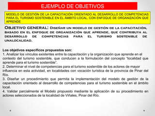 MODELO DE GESTIÓN DE LA CAPACITACIÓN ORIENTADO AL DESARROLLO DE COMPETENCIAS
PARA EL TURISMO SOSTENIBLE EN EL ÁMBITO LOCAL, CON ENFOQUE DE ORGANIZACIÓN QUE
APRENDE
EJEMPLO DE OBJETIVOS
Objetivo general: Diseñar un modelo de gestión de la capacitación,
basado en el enfoque de organización que aprende, que contribuya al
desarrollo de competencias para el turismo sostenible de
unalocalidad.
Los objetivos específicos propuestos son:
1. Analizar los vínculos existentes entre la capacitación y la organización que aprende en el
contexto del turismo sostenible, que conducen a la formulación del concepto “localidad que
aprende para el turismo sostenible”.
2. Determinar el nivel de competencias para el turismo sostenible de los actores de mayor
influencia en esta actividad, en localidades con vocación turística de la provincia de Pinar del
Río.
3. Diseñar un procedimiento que permita la implementación del modelo de gestión de la
capacitación orientado al desarrollo de competencias para el turismo sostenible en el ámbito
local.
4. Validar parcialmente el Modelo propuesto mediante la aplicación de su procedimiento en
actores seleccionados de la localidad de Viñales, Pinar del Río.
 