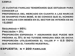 ¿A cuántas familias tendríamos que estudiar para
conocer la
preferencia del mercado en cuanto a las marcas
de shampoo para bebé, si se conoce que el número
de familias con bebés en el sector de interés es de
15,000?
Seguridad = 95%;
Precisión = 3%;
Proporción esperada = asumamos que puede ser
próxima al 5%; si no tuviese ninguna idea de dicha
proporción utilizaríamos el valor p = 0.5 (50%)
que maximiza el tamaño muestral.
EJEMPLO:
RESPUESTA: n = 200 familias
 