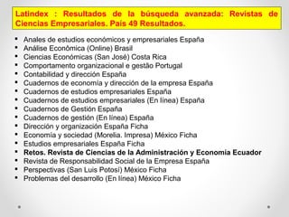 Latindex : Resultados de la búsqueda avanzada: Revistas de
Ciencias Empresariales. País 49 Resultados.
 Anales de estudios económicos y empresariales España
 Análise Econômica (Online) Brasil
 Ciencias Económicas (San José) Costa Rica
 Comportamento organizacional e gestão Portugal
 Contabilidad y dirección España
 Cuadernos de economía y dirección de la empresa España
 Cuadernos de estudios empresariales España
 Cuadernos de estudios empresariales (En línea) España
 Cuadernos de Gestión España
 Cuadernos de gestión (En línea) España
 Dirección y organización España Ficha
 Economía y sociedad (Morelia. Impresa) México Ficha
 Estudios empresariales España Ficha
 Retos. Revista de Ciencias de la Administración y Economía Ecuador
 Revista de Responsabilidad Social de la Empresa España
 Perspectivas (San Luis Potosí) México Ficha
 Problemas del desarrollo (En línea) México Ficha
 