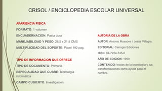 CRISOL / ENCICLOPEDIA ESCOLAR UNIVERSAL
AUTORIA DE LA OBRA
AUTOR: Antonio Mussons / Jesús Villagra.
EDITORIAL: Carrogio Ediciones
ISBN: 84-7254-745-0
AÑO DE EDICION: 1999
CONTENIDO: Inicios de la tecnología y tus
transformaciones como ayuda para el
hombre.
APARIENCIA FISICA
FORMATO: 1 volumen
ENCUADERNACION: Pasta dura
MANEJABILIDAD Y PESO: 28,5 x 21,5 CMS
MULTIPLICIDAD DEL SOPORTE: Papel 192 pag.
TIPO DE INFORMACION QUE OFRECE
TIPO DE DOCUMENTO: Primario
ESPECIALIDAD QUE CUBRE: Tecnología
informática
CAMPO CUBIERTO. Investigación.
 