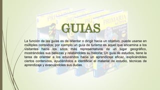 GUIAS
La función de las guías es de orientar o dirigir hacia un objetivo, puede usarse en
múltiples contextos; por ejemplo un guía de turismo es aquel que encamina a los
visitantes hacia los sitios más representativos de un lugar geográfico,
mostrándoles sus bellezas y relatándoles su historia; Un guía de estudios, tiene la
tarea de orientar a los educandos hacia un aprendizaje eficaz, explicándoles
ciertos contenidos, ayudándolos a identificar el material de estudio, técnicas de
aprendizaje y evacuándoles sus dudas.
 