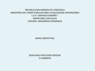 REPUBLICA BOLIVARIANA DE VENEZUELA
MINISTERIO DEL PODER POPULAR PARA LA EDUCACION UNIVERSITARIA
I.U.P.” SANTIAGO MARIÑO “
MARACAIBO_EDO.ZULIA
CATEDRA: INGENIERIA ECONOMICA
MAPA CONCEPTUAL
REALIZADO POR EUDDY BOSCAN
CI:16606934
 