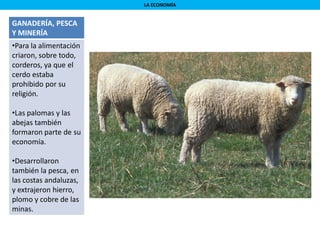 LA ECONOMÍA
GANADERÍA, PESCA
Y MINERÍA
•Para la alimentación
criaron, sobre todo,
corderos, ya que el
cerdo estaba
prohibido por su
religión.
•Las palomas y las
abejas también
formaron parte de su
economía.
•Desarrollaron
también la pesca, en
las costas andaluzas,
y extrajeron hierro,
plomo y cobre de las
minas.
 