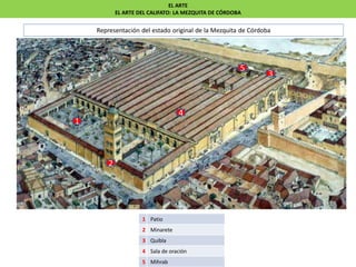 EL ARTE
EL ARTE DEL CALIFATO: LA MEZQUITA DE CÓRDOBA
1
2
3
4
5
1 Patio
2 Minarete
3 Quibla
4 Sala de oración
5 Mihrab
Representación del estado original de la Mezquita de Córdoba
 