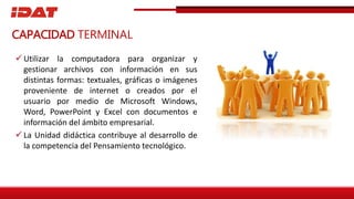  Utilizar la computadora para organizar y
gestionar archivos con información en sus
distintas formas: textuales, gráficas o imágenes
proveniente de internet o creados por el
usuario por medio de Microsoft Windows,
Word, PowerPoint y Excel con documentos e
información del ámbito empresarial.
 La Unidad didáctica contribuye al desarrollo de
la competencia del Pensamiento tecnológico.
CAPACIDAD TERMINAL
 