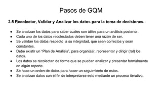 2.5 Recolectar, Validar y Analizar los datos para la toma de decisiones.
Pasos de GQM
● Se analizan los datos para saber cuales son útiles para un análisis posterior.
● Cada uno de los datos recolectados deben tener una razón de ser.
● Se validan los datos respecto a su integridad, que sean correctos y sean
constantes.
● Debe existir un “Plan de Análisis”, para organizar, representar y dirigir (rol) los
datos.
● Los datos se recolectan de forma que se puedan analizar y presentar formalmente
en algún reporte.
● Se hace un orden de datos para hacer un seguimiento de estos.
● Se analizan datos con el fin de interpretarse esto mediante un proceso iterativo.
 