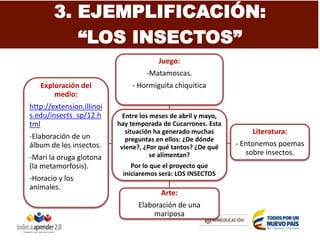 Entre los meses de abril y mayo,
hay temporada de Cucarrones. Esta
situación ha generado muchas
preguntas en ellos: ¿De dónde
viene?, ¿Por qué tantos? ¿De qué
se alimentan?
Por lo que el proyecto que
iniciaremos será: LOS INSECTOS
Juego:
-Matamoscas.
- Hormiguita chiquitica
Literatura:
- Entonemos poemas
sobre insectos.
Arte:
Elaboración de una
mariposa
Exploración del
medio:
http://extension.illinoi
s.edu/insects_sp/12.h
tml
-Elaboración de un
álbum de los insectos.
-Mari la oruga glotona
(la metamorfosis).
-Horacio y los
animales.
3. EJEMPLIFICACIÓN:
“LOS INSECTOS”
 