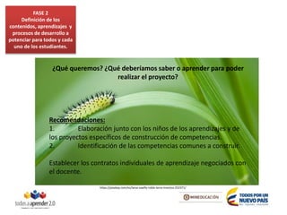 ¿Qué queremos? ¿Qué deberíamos saber o aprender para poder
realizar el proyecto?
Recomendaciones:
1. Elaboración junto con los niños de los aprendizajes y de
los proyectos específicos de construcción de competencias.
2. Identificación de las competencias comunes a construir.
Establecer los contratos individuales de aprendizaje negociados con
el docente.
https://pixabay.com/es/larva-sawfly-roble-larva-insectos-252371/
FASE 2
Definición de los
contenidos, aprendizajes y
procesos de desarrollo a
potenciar para todos y cada
uno de los estudiantes.
 