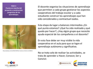 El docente organiza las situaciones de aprendizaje
que permiten a cada grupo gestionar los aspectos
cooperativos del trabajo escolar y a cada
estudiante construir los aprendizajes que han
sido considerados y contractual izados.
Esta etapa da lugar a balances intermedios ¿En
qué punto estamos? ¿Qué ha sido realizado y qué
queda por hacer?, ¿Hay algún grupo que necesite
ayuda especial de los compañeros o el docente?
En esta fase debe ser muy visible la vida
cooperativa en el aula para que se logre el
aprendizaje autónomo y significativo.
No se trata solo de realizar las actividades, se
trata de aprender a Hacer, Conocer, Ser y
Convivir.
https://pixabay.com/es/lib%C3%A9lula-insectos-animales-ala-348433/
FASE 3
Puesta en marcha del
proyecto y construcción
progresiva de los
aprendizajes.
 