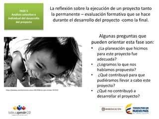 Algunas preguntas que
pueden orientar esta fase son:
• ¿La planeación que hicimos
para este proyecto fue
adecuada?
• ¿Logramos lo que nos
habíamos propuesto?
• ¿Qué contribuyó para que
pudiéramos llevar a cabo este
proyecto?
• ¿Qué no contribuyó a
desarrollar el proyecto?
La reflexión sobre la ejecución de un proyecto tanto
la permanente – evaluación formativa que se hace
durante el desarrollo del proyecto -como la final.
https://pixabay.com/es/rostros-caras-ni%C3%B1os-ojos-mirada-767355/
FASE 5
Análisis colectivo e
individual del desarrollo
del proyecto
 