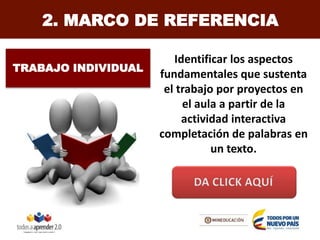 2. MARCO DE REFERENCIA
Identificar los aspectos
fundamentales que sustenta
el trabajo por proyectos en
el aula a partir de la
actividad interactiva
completación de palabras en
un texto.
TRABAJO INDIVIDUAL
 