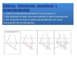 Diédrico: Intersección, paralelismo y
perpendicularidad.
1.-Hallar la intersección del plano P con el plano Q
2.-Por el punto A trazar una recta paralela a dicha intersección.
3.-Por el punto A trazar un plano perpendicular a la recta
intersección de los dos planos.
 