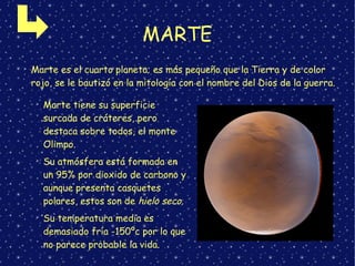 MARTE
➢
Marte tiene su superficie
surcada de cráteres, pero
destaca sobre todos, el monte
Olimpo.
➢
Su atmósfera está formada en
un 95% por dioxido de carbono y
aunque presenta casquetes
polares, estos son de hielo seco.
➢
Su temperatura media es
demasiado fría -150ºc por lo que
no parece probable la vida.
➢
Marte es el cuarto planeta; es más pequeño que la Tierra y de color
rojo, se le bautizó en la mitología con el nombre del Dios de la guerra.
 