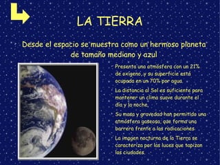 LA TIERRA
➢
Desde el espacio se muestra como un hermoso planeta
de tamaño mediano y azul
➢
Presenta una atmósfera con un 21%
de oxígeno, y su superficie está
ocupada en un 70% por agua.
➢
La distancia al Sol es suficiente para
mantener un clima suave durante el
día y la noche.
➢
Su masa y gravedad han permitido una
atmósfera gaseosa, que forma una
barrera frente a las radicaciones
➢
La imagen nocturna de la Tierra se
caracteriza por las luces que tapizan
las ciudades.
 