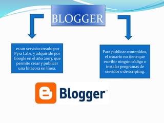 BLOGGER
es un servicio creado por
Pyra Labs, y adquirido por
Google en el año 2003, que
permite crear y publicar
una bitácora en línea.
Para publicar contenidos,
el usuario no tiene que
escribir ningún código o
instalar programas de
servidor o de scripting.
 