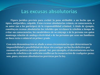 Con esta denominación se alude a unas circunstancias que determinan la
impunibilidad o posibilidad de dejar sin castigar un hecho delictivo por
razones de política jurídico-penal. Así, por ejemplo, el desistimiento en los
casos de rebelión o de sedición conllevan la exoneración de cualquier pena;
son, pues, excusas absolutorias previstas por la ley.
Figura jurídica prevista para excluir la pena atribuible a un hecho que es
típico, antijurídico, culpable. Estas excusas absolutorias eximen, en consecuencia, a
su autor (no a los partícipes) de la responsabilidad criminal. A título de ejemplo,
constituyen excusas absolutorias los rebeldes que revelasen la rebelión a tiempo de
evitar sus consecuencias, los encubridores de su cónyuge o de la persona con quien
mantenga relación de análoga efectividad o de las personas que sean sus familiares
en línea recta o colateral en primer grado.
 
