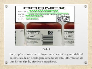 Su propósito consiste en lograr una detección y trazabilidad
automática de un objeto para obtener de éste, información de
una forma rápida, efectiva e inequívoca.
Fig. 2.1.2
 