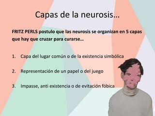Capas de la neurosis…
FRITZ PERLS postulo que las neurosis se organizan en 5 capas
que hay que cruzar para curarse…
1. Capa del lugar común o de la existencia simbólica
2. Representación de un papel o del juego
3. Impasse, anti existencia o de evitación fóbica
 