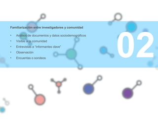 02
Familiarización entre investigadores y comunidad
• Análisis de documentos y datos sociodemográficos
• Visitas a la comunidad
• Entrevistas a “informantes clave”
• Observación
• Encuentas o sondeos
 
