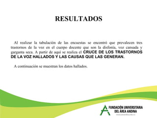 RESULTADOS
Al realizar la tabulación de las encuestas se encontró que prevalecen tres
trastornos de la voz en el cuerpo docente que son la disfonía, voz cansada y
garganta seca. A partir de aquí se realiza el CRUCE DE LOS TRASTORNOS
DE LA VOZ HALLADOS Y LAS CAUSAS QUE LAS GENERAN.
A continuación se muestran los datos hallados.
 