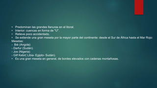 • Predominan las grandes llanuras en el litoral.
• Interior: cuencas en forma de "U".
• Relieve poco accidentado.
• Se extiende una gran meseta por la mayor parte del continente: desde el Sur de África hasta el Mar Rojo:
Mesetas:
- Bié (Angola)
- Darfur (Sudán)
- Jos (Nigeria)
- Gilf Kebir( Libia- Egipto- Sudán).
• Es una gran meseta en general, de bordes elevados con cadenas montañosas.
 