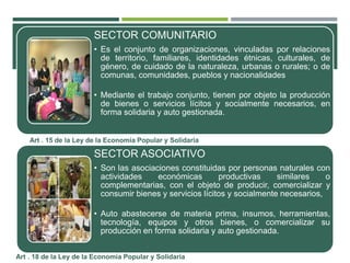 SECTOR COMUNITARIO
• Es el conjunto de organizaciones, vinculadas por relaciones
de territorio, familiares, identidades étnicas, culturales, de
género, de cuidado de la naturaleza, urbanas o rurales; o de
comunas, comunidades, pueblos y nacionalidades
• Mediante el trabajo conjunto, tienen por objeto la producción
de bienes o servicios lícitos y socialmente necesarios, en
forma solidaria y auto gestionada.
SECTOR ASOCIATIVO
• Son las asociaciones constituidas por personas naturales con
actividades económicas productivas similares o
complementarias, con el objeto de producir, comercializar y
consumir bienes y servicios lícitos y socialmente necesarios,
• Auto abastecerse de materia prima, insumos, herramientas,
tecnología, equipos y otros bienes, o comercializar su
producción en forma solidaria y auto gestionada.
Art . 15 de la Ley de la Economía Popular y Solidaria
Art . 18 de la Ley de la Economía Popular y Solidaria
 