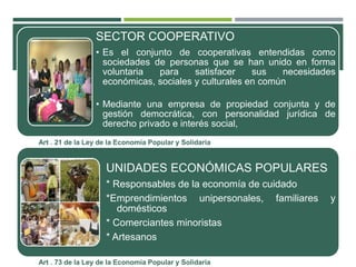 SECTOR COOPERATIVO
• Es el conjunto de cooperativas entendidas como
sociedades de personas que se han unido en forma
voluntaria para satisfacer sus necesidades
económicas, sociales y culturales en común
• Mediante una empresa de propiedad conjunta y de
gestión democrática, con personalidad jurídica de
derecho privado e interés social,
UNIDADES ECONÓMICAS POPULARES
* Responsables de la economía de cuidado
*Emprendimientos unipersonales, familiares y
domésticos
* Comerciantes minoristas
* Artesanos
Art . 21 de la Ley de la Economía Popular y Solidaria
Art . 73 de la Ley de la Economía Popular y Solidaria
 