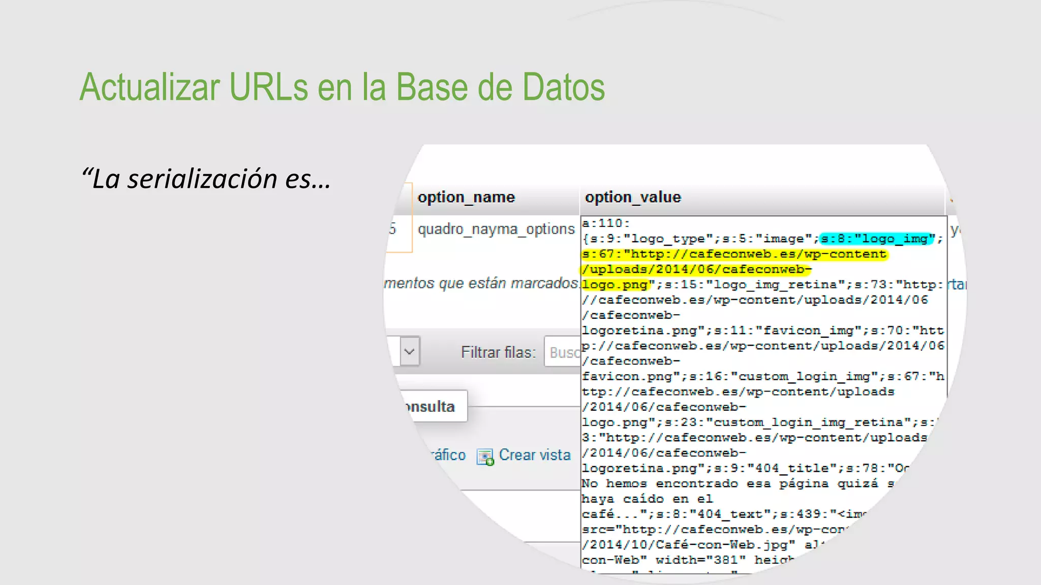 Actualizar URLs en la Base de Datos
“La serialización es…
 