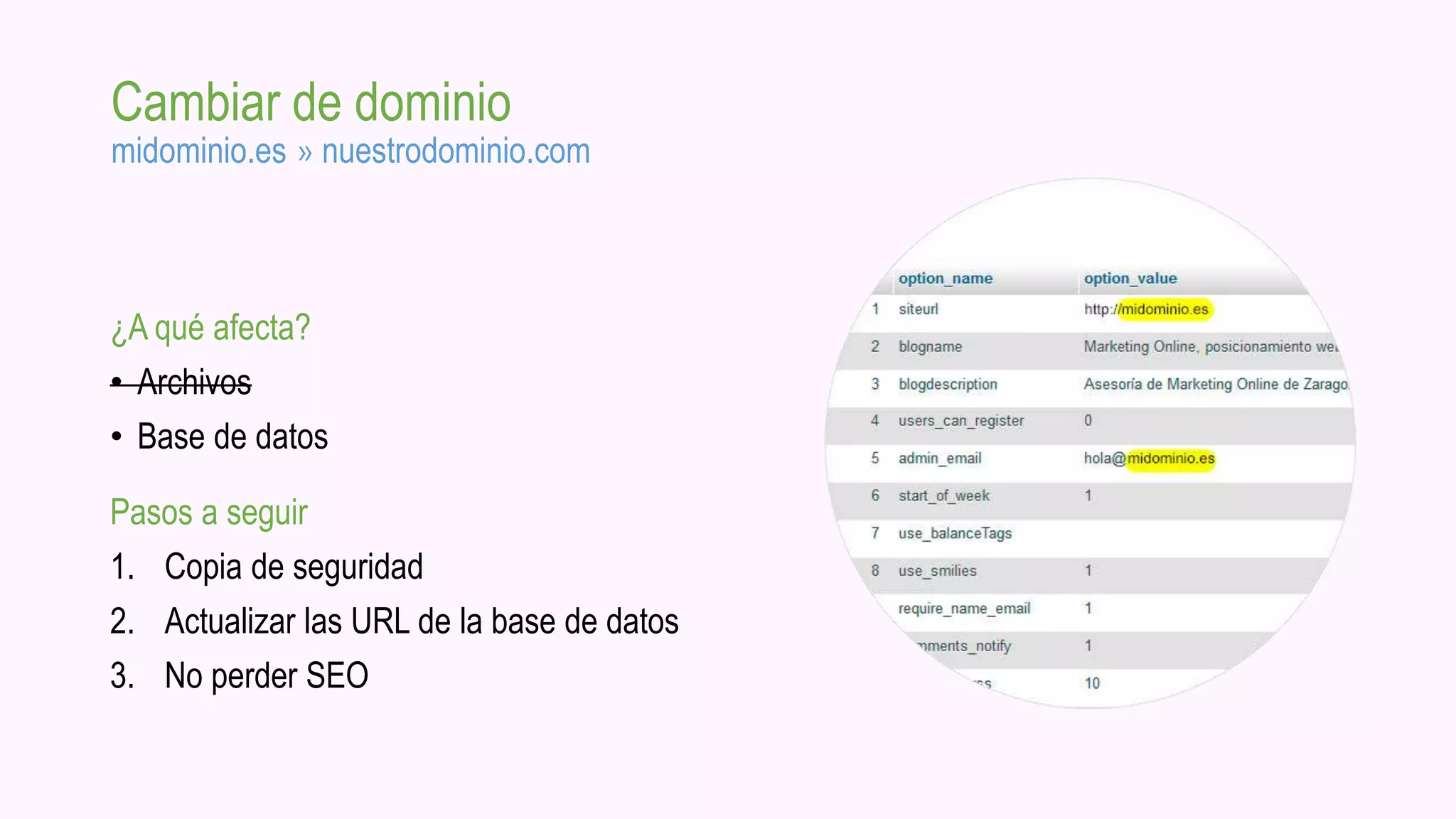 Cambiar de dominio
midominio.es » nuestrodominio.com
¿A qué afecta?
• Archivos
• Base de datos
Pasos a seguir
1. Copia de seguridad
2. Actualizar las URL de la base de datos
3. No perder SEO
 