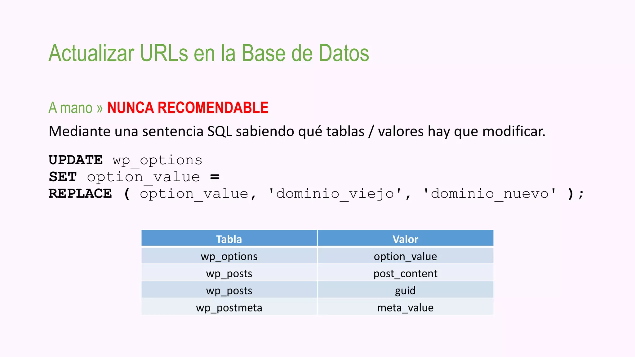 Actualizar URLs en la Base de Datos
A mano » NUNCA RECOMENDABLE
Mediante una sentencia SQL sabiendo qué tablas / valores hay que modificar.
UPDATE wp_options
SET option_value =
REPLACE ( option_value, 'dominio_viejo', 'dominio_nuevo' );
Tabla Valor
wp_options option_value
wp_posts post_content
wp_posts guid
wp_postmeta meta_value
 