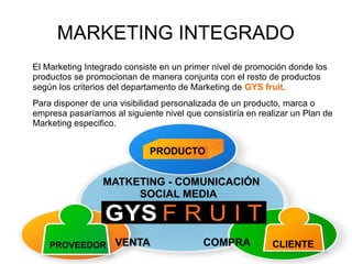 MARKETING INTEGRADO
El Marketing Integrado consiste en un primer nivel de promoción donde los
productos se promocionan de manera conjunta con el resto de productos
según los criterios del departamento de Marketing de GYS fruit.
Para disponer de una visibilidad personalizada de un producto, marca o
empresa pasaríamos al siguiente nivel que consistiría en realizar un Plan de
Marketing especifico.
MARKETING - COMUNICACIÓN
SOCIAL MEDIA
VENTA COMPRA CLIENTE
PRODUCTO
PROVEEDOR
 