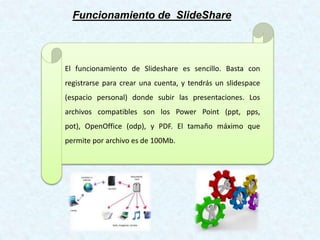 Funcionamiento de SlideShare
El funcionamiento de Slideshare es sencillo. Basta con
registrarse para crear una cuenta, y tendrás un slidespace
(espacio personal) donde subir las presentaciones. Los
archivos compatibles son los Power Point (ppt, pps,
pot), OpenOffice (odp), y PDF. El tamaño máximo que
permite por archivo es de 100Mb.
 