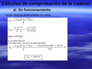 Cálculos de comprobación de la cadena:
a) En funcionamiento.
Tensión dinámica debido al efecto de cuerda.
 