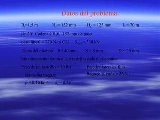 Datos del problema:
Br=1,5 m Hr = 152 mm HC = 125 mm L = 70 m
β= 200
Cadena CB-6 152 mm de paso
peso lineal = 220 N/m C/U SROT= 320 kN
Datos del eslabón B= 40 mm S = 8 mm D = 20 mm
Sin tratamiento térmico. Un rastrillo cada 6 eslabones
Peso de un rastrillo = 10 lbs Paredes laterales fijas
Datos del bagazo
ρ = 0,16 t/m3
µa
= 0,75
Bagazo % caña = 25 %
 