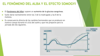 EL FENÓMENO DEL ALBA Y EL EFECTO SOMOGYI
 El Fenómeno del Alba: supone un aumento de la glucosa sanguínea.
 Suele darse normalmente entre las 3 de la madrugada y las 8 de la
mañana.
 Es consecuencia directa de los cambios hormonales que se producen en
nuestro cuerpo durante el ciclo del sueño y que nos preparan para la
jornada del día siguiente.
 