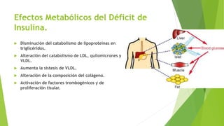 Efectos Metabólicos del Déficit de
Insulina.
 Disminución del catabolismo de lipoproteínas en
triglicéridos.
 Alteración del catabolismo de LDL, quilomicrones y
VLDL.
 Aumenta la sistesis de VLDL.
 Alteración de la composición del colágeno.
 Activación de factores trombogénicos y de
proliferación tisular.
 