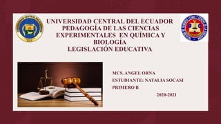UNIVERSIDAD CENTRAL DEL ECUADOR
PEDAGOGÍA DE LAS CIENCIAS
EXPERIMENTALES EN QUÍMICA Y
BIOLOGÍA
LEGISLACIÓN EDUCATIVA
MCS. ANGEL ORNA
ESTUDIANTE: NATALIA SOCASI
PRIMERO B
2020-2021
 