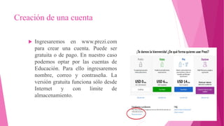 Creación de una cuenta
 Ingresaremos en www.prezi.com
para crear una cuenta. Puede ser
gratuita o de pago. En nuestro caso
podemos optar por las cuentas de
Educación. Para ello ingresaremos
nombre, correo y contraseña. La
versión gratuita funciona sólo desde
Internet y con límite de
almacenamiento.
 