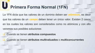 La 1FN dicta que los valores de un dominio deben ser atómicos, es decir
que los valores de un campo deben tener un único valor. Existen 2 casos
en los cuales los valores son considerados como no atómicos y con ello
veremos sus posibles soluciones
❑ Cuando se tienen atributos compuestos
❑ Cuando se tienen atributos multivaluados o multiconcurrentes
29
29
Primera Forma Normal (1FN)
 