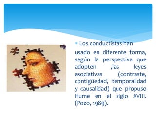  Los conductistas han
usado en diferente forma,
según la perspectiva que
adopten ,las leyes
asociativas (contraste,
contigüedad, temporalidad
y causalidad) que propuso
Hume en el siglo XVIII.
(Pozo, 1989).
 