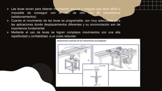  Las levas sirven para obtener movimiento inusual o irregular que sería difícil o
imposible de conseguir con el uso de otro tipo de mecanismos
(eslabonamientos)
 Cuando el movimiento de las levas es programable, son muy adecuadas para
las aplicaciones donde desplazamientos diferentes y su sincronización son de
importancia fundamental
 Mediante el uso de levas se logran complejos movimientos con una alta
repetitividad y confiabilidad, a un costo reducido
 