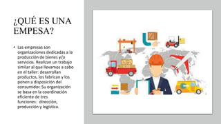 ¿QUÉ ES UNA
EMPESA?
• Las empresas son
organizaciones dedicadas a la
producción de bienes y/o
servicios. Realizan un trabajo
similar al que llevamos a cabo
en el taller: desarrollan
productos, los fabrican y los
ponen a disposición del
consumidor. Su organización
se basa en la coordinación
eficiente de tres
funciones: dirección,
producción y logística.
 