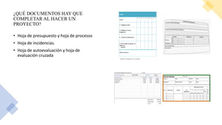 ¿QUÉ DOCUMENTOS HAY QUE
COMPLETAR AL HACER UN
PROYECTO?
• Hoja de presupuesto y hoja de procesos
• Hoja de incidencias.
• Hoja de autoevaluación y hoja de
evaluación cruzada
 