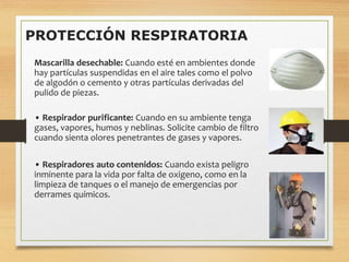 PROTECCIÓN RESPIRATORIA
Mascarilla desechable: Cuando esté en ambientes donde
hay partículas suspendidas en el aire tales como el polvo
de algodón o cemento y otras partículas derivadas del
pulido de piezas.
• Respirador purificante: Cuando en su ambiente tenga
gases, vapores, humos y neblinas. Solicite cambio de filtro
cuando sienta olores penetrantes de gases y vapores.
• Respiradores auto contenidos: Cuando exista peligro
inminente para la vida por falta de oxigeno, como en la
limpieza de tanques o el manejo de emergencias por
derrames químicos.
 