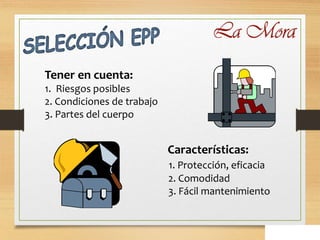 Tener en cuenta:
1. Riesgos posibles
2. Condiciones de trabajo
3. Partes del cuerpo
Características:
1. Protección, eficacia
2. Comodidad
3. Fácil mantenimiento
 